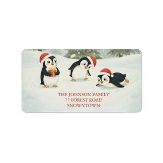 Cute Watercolor Penguins Christmas Forest Label