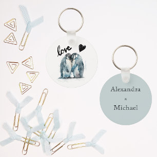 Cute watercolor penguins in love personalised key ring