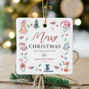 Cute Watercolor Personalised Merry Christmas  Ceramic Ornament