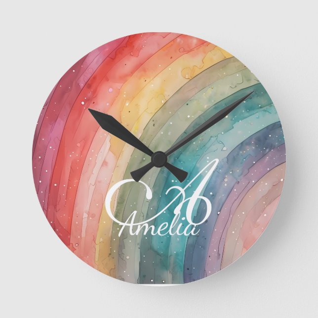 Cute Watercolor Personalised Rainbow  Round Clock (Front)