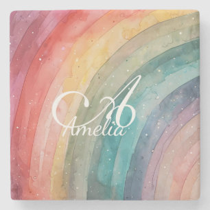 Cute Watercolor Personalised Rainbow  Stone Coaster