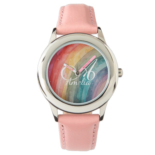 Cute Watercolor Personalised Rainbow  Watch (Front)