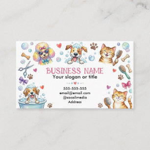 Cute Watercolor Pet Grooming Animals Customisable Business Card