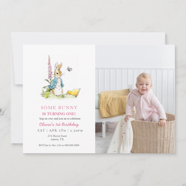 Cute Watercolor Peter Rabbit  1st birthday Invitation (Front)