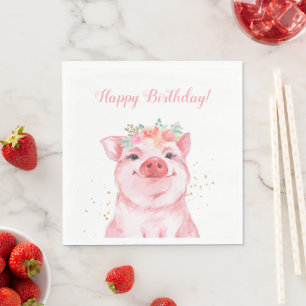 Cute Watercolor Pig Birthday Napkin