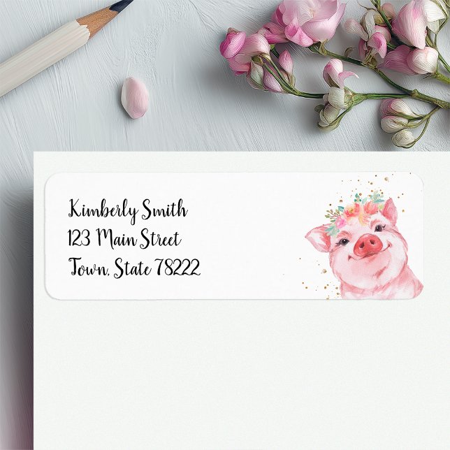 Cute Watercolor Pig with Floral Crown (Cute Pig Return Address Sticker)