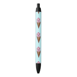 Cute Watercolor Piggy Ice Cream Pink Teal Pattern Black Ink Pen