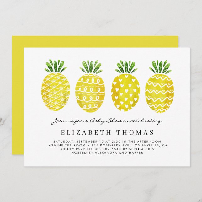 Cute Watercolor Pineapples Summer Baby Shower Invitation (Front/Back)