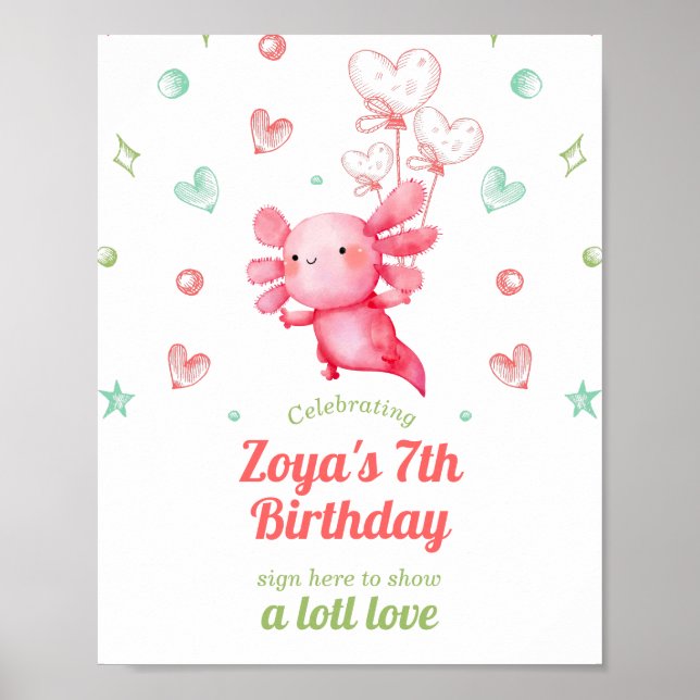 Cute Watercolor Pink Axolotl Birthday Signing Poster (Front)