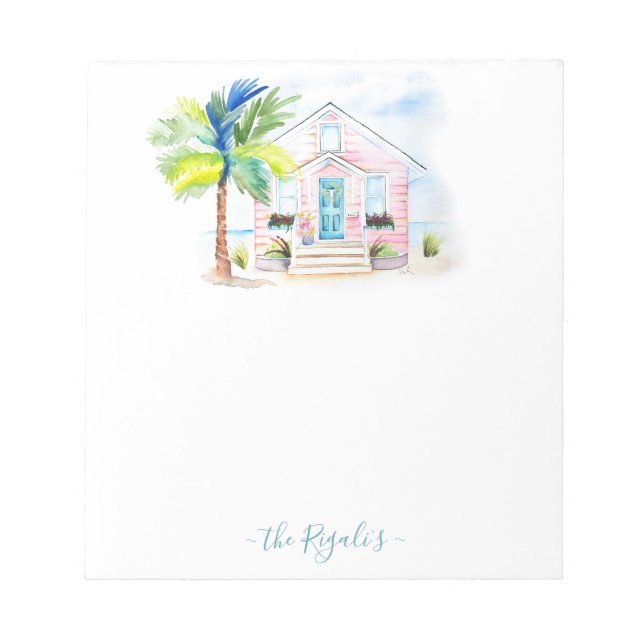 Cute Watercolor Pink Beach House Note Pads (Front)