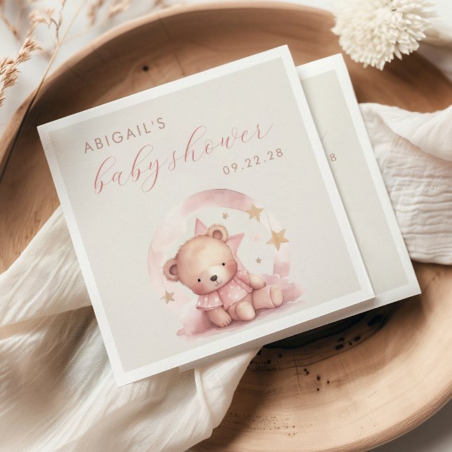 Cute Watercolor Pink Bear Girl's Baby Shower Napkin (Creator Uploaded)