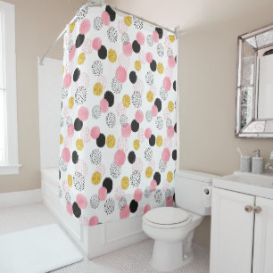 Cute Watercolor Pink Black Gold Polka Dots Girls Shower Curtain