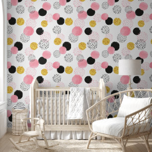 Cute Watercolor Pink Black Gold Polka Dots Nursery Wallpaper