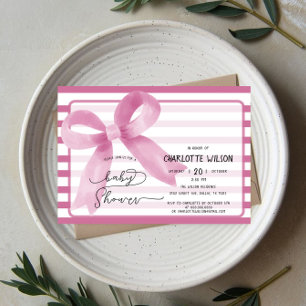 Cute Watercolor Pink Bow Baby Shower Invitation