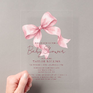 Cute Watercolor Pink Bow Baby Shower Invitation