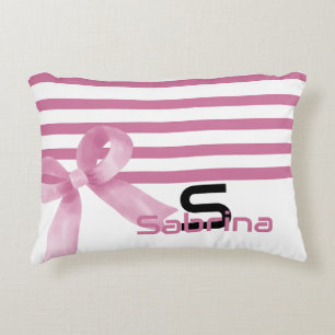 Cute Watercolor Pink Bow Stripes Accent Pillow