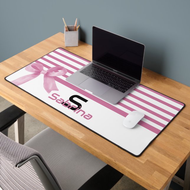 Cute Watercolor Pink Bow Stripes Desk Mat (Office 2)