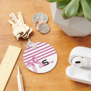 Cute Watercolor Pink Bow Stripes Keychain