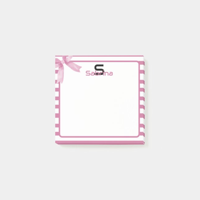 Cute Watercolor Pink Bow Stripes Post-it Notes (Front)