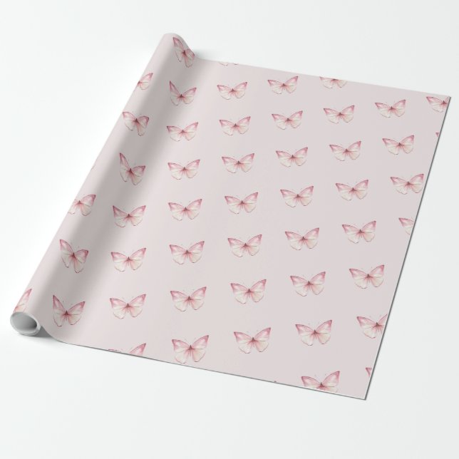 Cute Watercolor Pink Butterflies Wrapping Paper (Unrolled)
