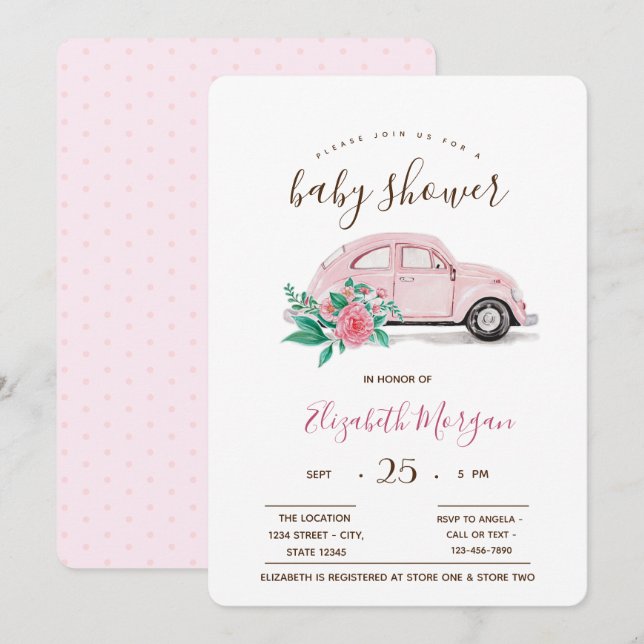 Cute Watercolor Pink Car Polka Dots Baby Shower Invitation (Front/Back)
