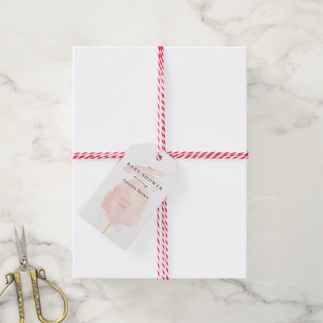 Cute Watercolor Pink Cotton Candy Baby Shower Gift Tags (With Twine)