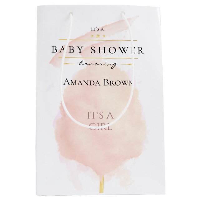 Cute Watercolor Pink Cotton Candy Baby Shower Medium Gift Bag (Front)