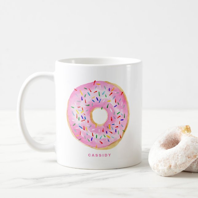 Cute Watercolor Pink Doughnut Sprinkles Personalis Coffee Mug (With Donut)