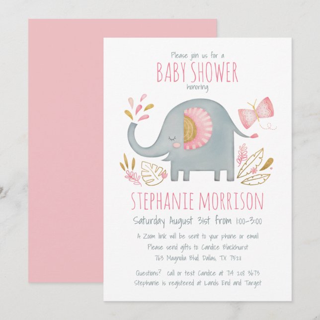 Cute Watercolor Pink Elephant Girl Baby Shower Invitation (Front/Back)