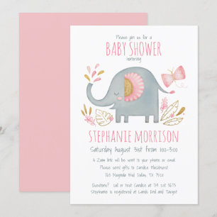 Cute Watercolor Pink Elephant Girl Baby Shower Invitation