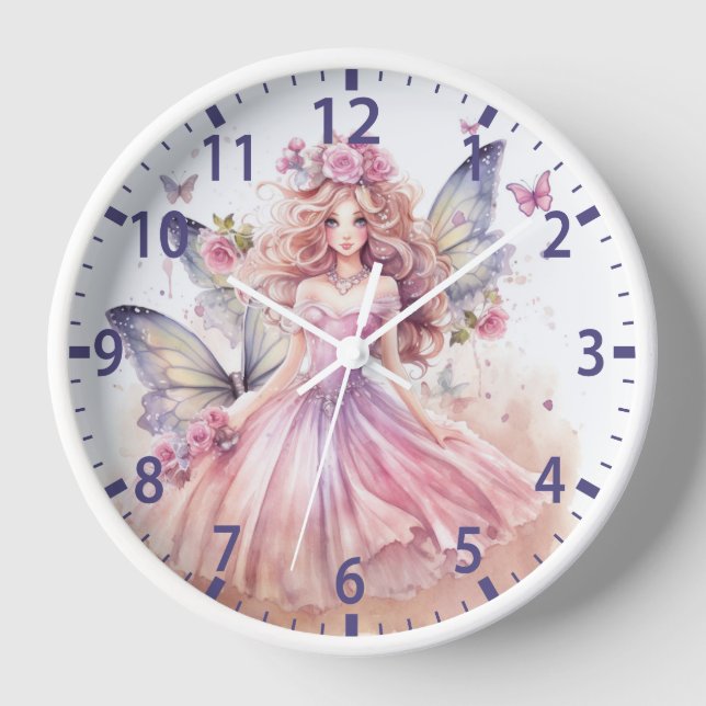 Cute Watercolor Pink Fairy Girly Butterflies Clock (Front)