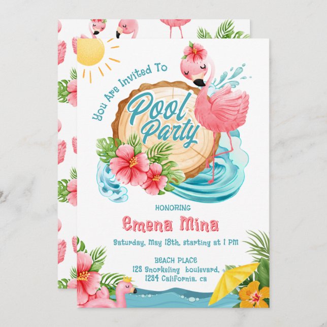 cute watercolor pink flamingo pool party invitation (Front/Back)