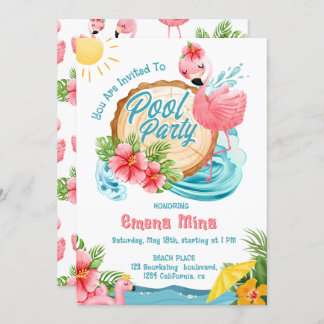 cute watercolor pink flamingo pool party invitation