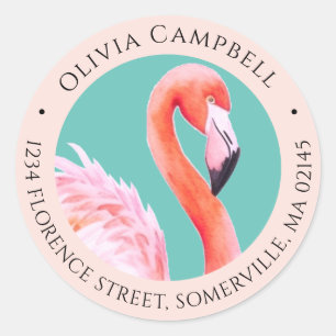 Cute Watercolor Pink Flamingo Teal Address Classic Round Sticker