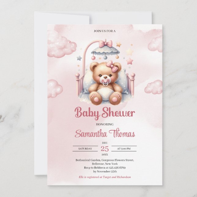 Cute watercolor pink girl teddy bear in crib invitation (Front)