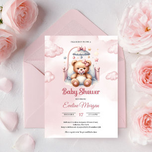 Cute watercolor pink girl teddy bear in crib invitation