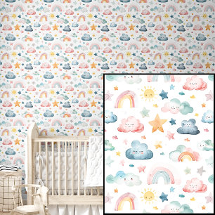 Cute Watercolor Pink Green Blue Rainbows Stars Sun Wallpaper