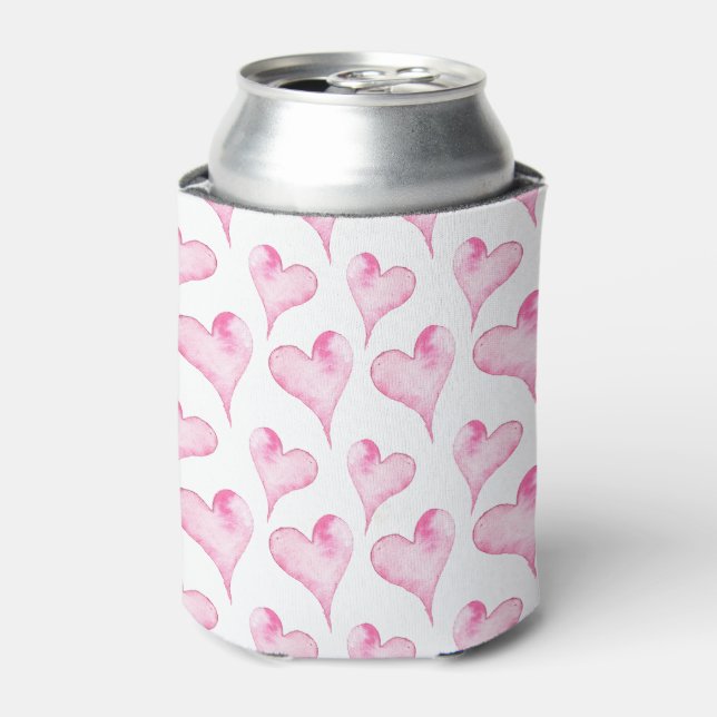 Cute Watercolor Pink Hearts Can Cooler (Can Front)