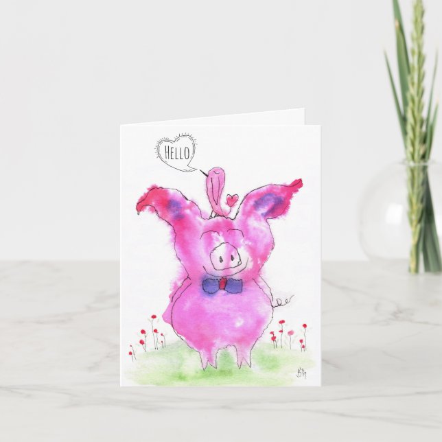Cute Watercolor Pink Pigs Hello Greeting Card (Front)