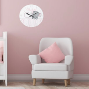 Cute Watercolor Pink Polka Dot Elephant Girly Large Clock