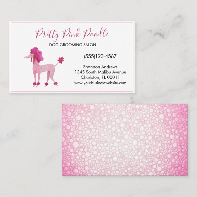 Cute Watercolor Pink Poodle Dog Grooming Service Business Card (Front/Back)