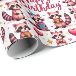 Cute Watercolor Pink Raccoons Birthday Scene - Wrapping Paper