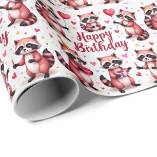 Cute Watercolor Pink Racoon Birthday Scene -  Wrapping Paper