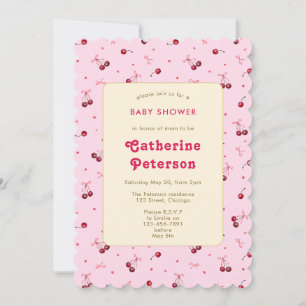 Cute Watercolor Pink Red Cherries, Hearts, Bows  Invitation