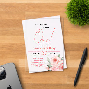 Cute Watercolor Pink Rose Baby Girl 1st Birthday Acrylic Invitations