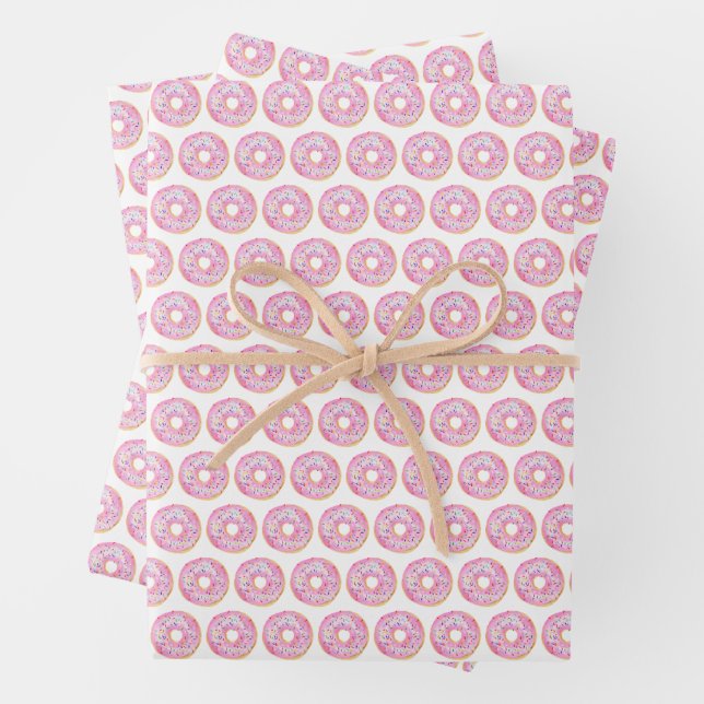 Cute Watercolor Pink Sprinkle Doughnuts Pattern Wrapping Paper Sheet (In situ)