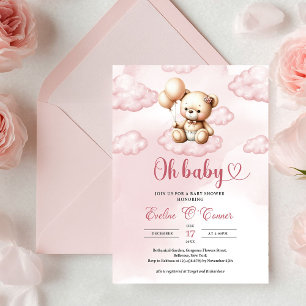 Cute watercolor pink teddy bear over the cloud invitation