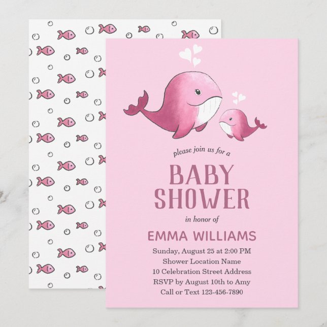 Cute Watercolor Pink Whale | Girl Baby Shower Invitation (Front/Back)