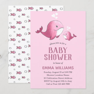 Cute Watercolor Pink Whale | Girl Baby Shower Invitation
