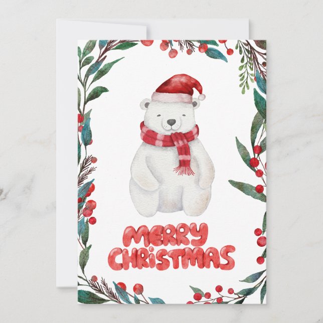 Cute Watercolor Polar Bear Merry Christmas Holiday Card (Front)